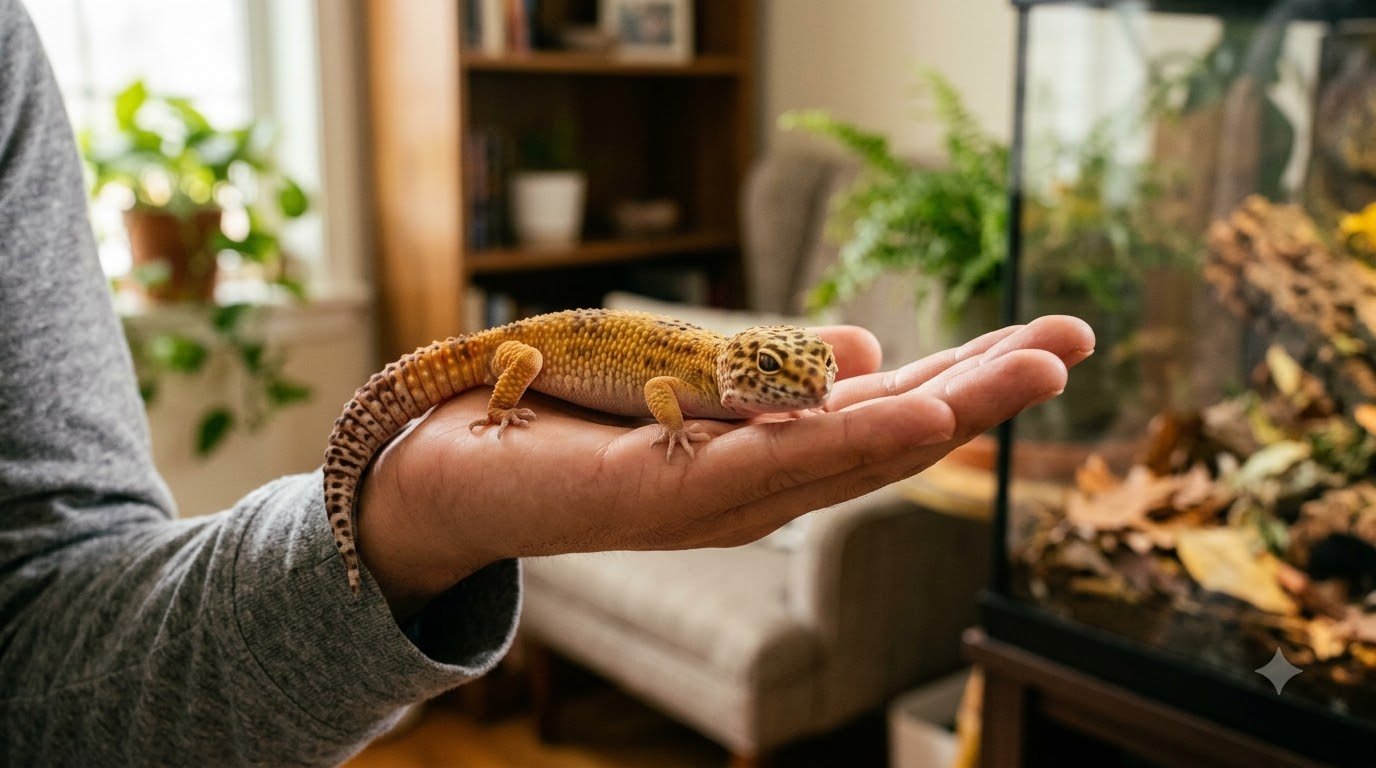A leopard gecko resting calmly on a person's hand
