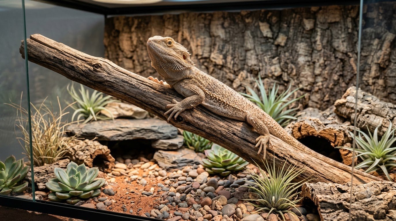 A bearded dragon perched on a branch in a terrarium