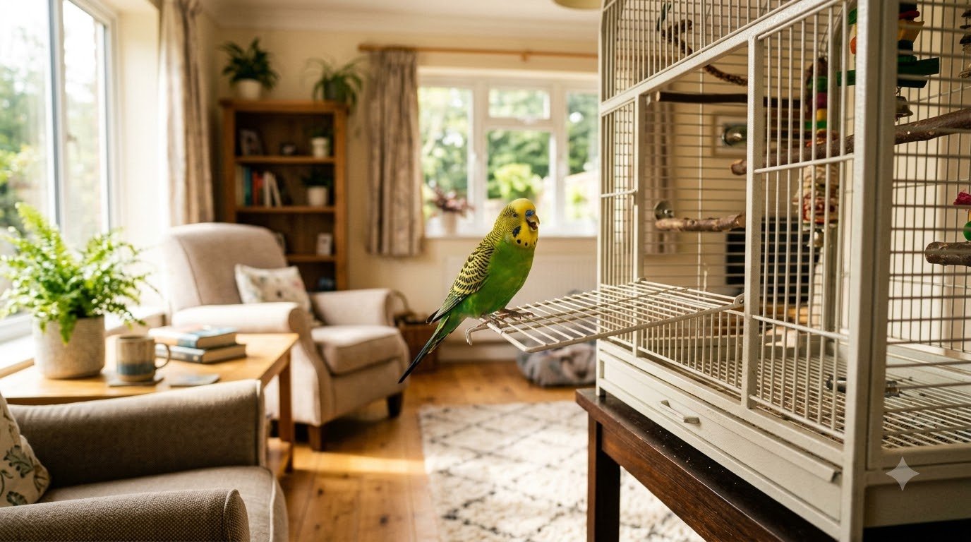 A budgie perched on the edge of an open cage door