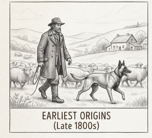 Illustrated sketch of an early Belgian Malinois herding sheep in the 1800s