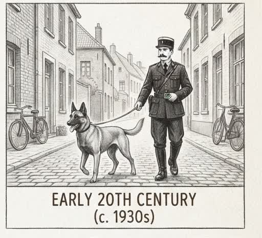Illustrated sketch of a Belgian Malinois in early 20th-century Belgium