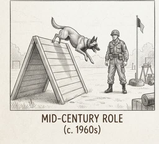 Illustrated sketch of a Belgian Malinois in a mid-20th-century working role