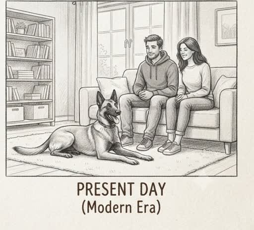 Illustrated sketch of a modern Belgian Malinois with a family in a present-day home