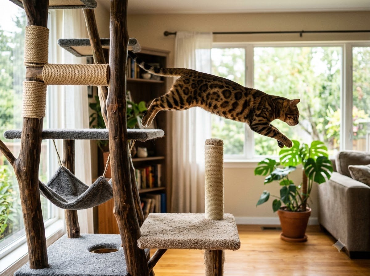 A Bengal cat leaping on a cat tree indoors