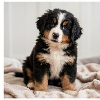 A Bernese Mountain Dog puppy with a curious expression