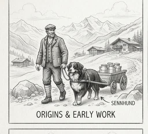 Illustrated sketch of an early Bernese Mountain Dog pulling a cart in the Swiss Alps