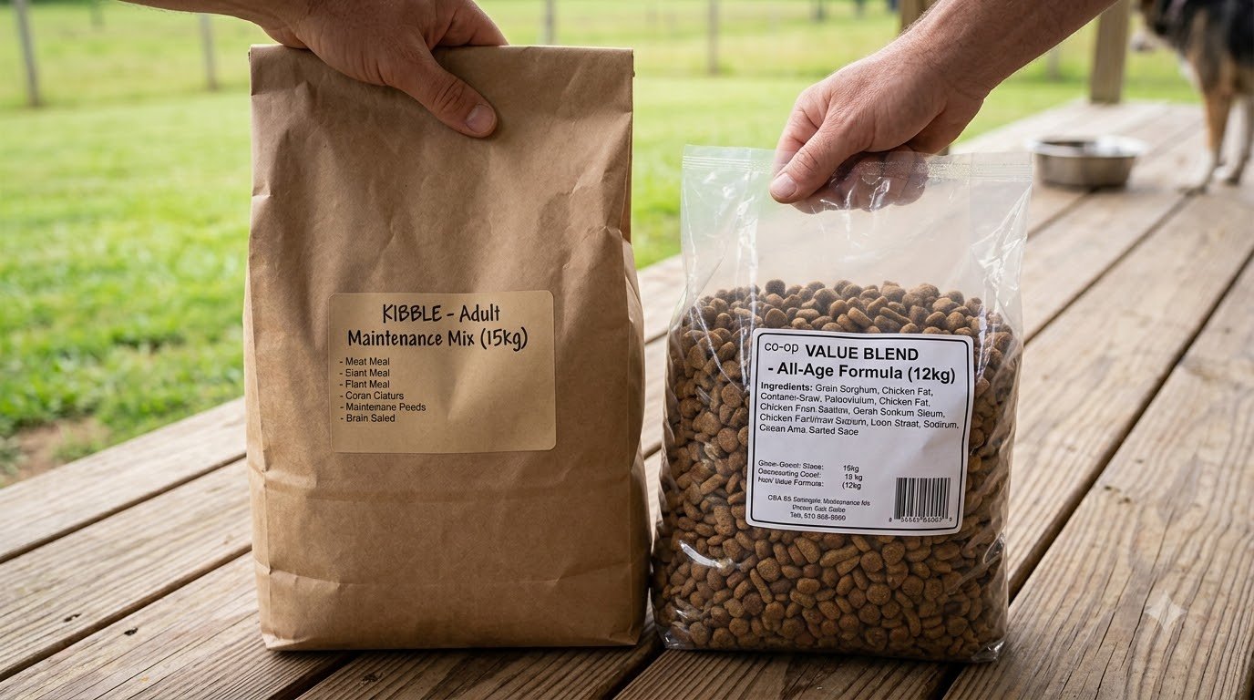 Close-up of a hand comparing prices and labels on two dog food bags in a store