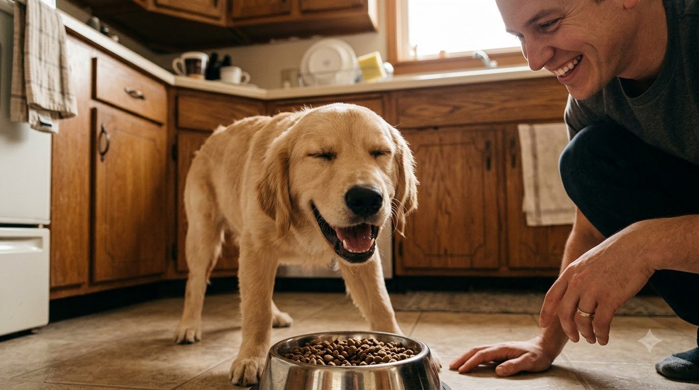 A dog eating from its bowl in a home kitchen, owner nearby