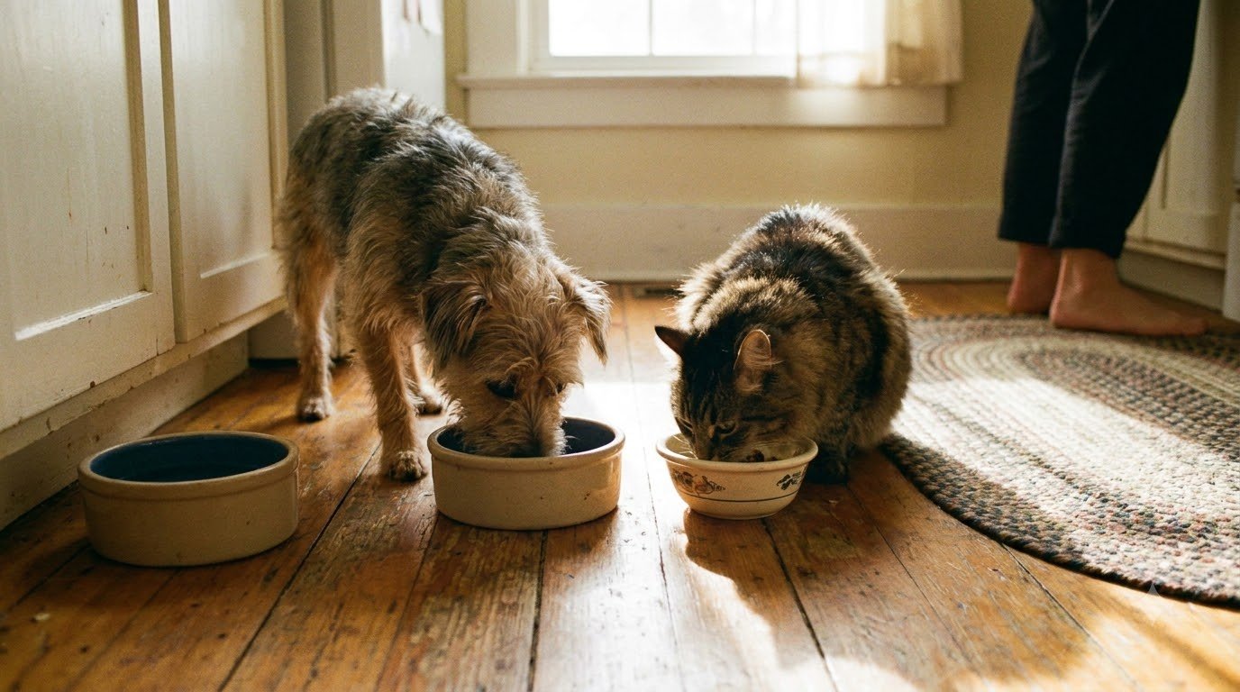 A gray cat sitting beside a bowl of dry food on a sunlit kitchen floor