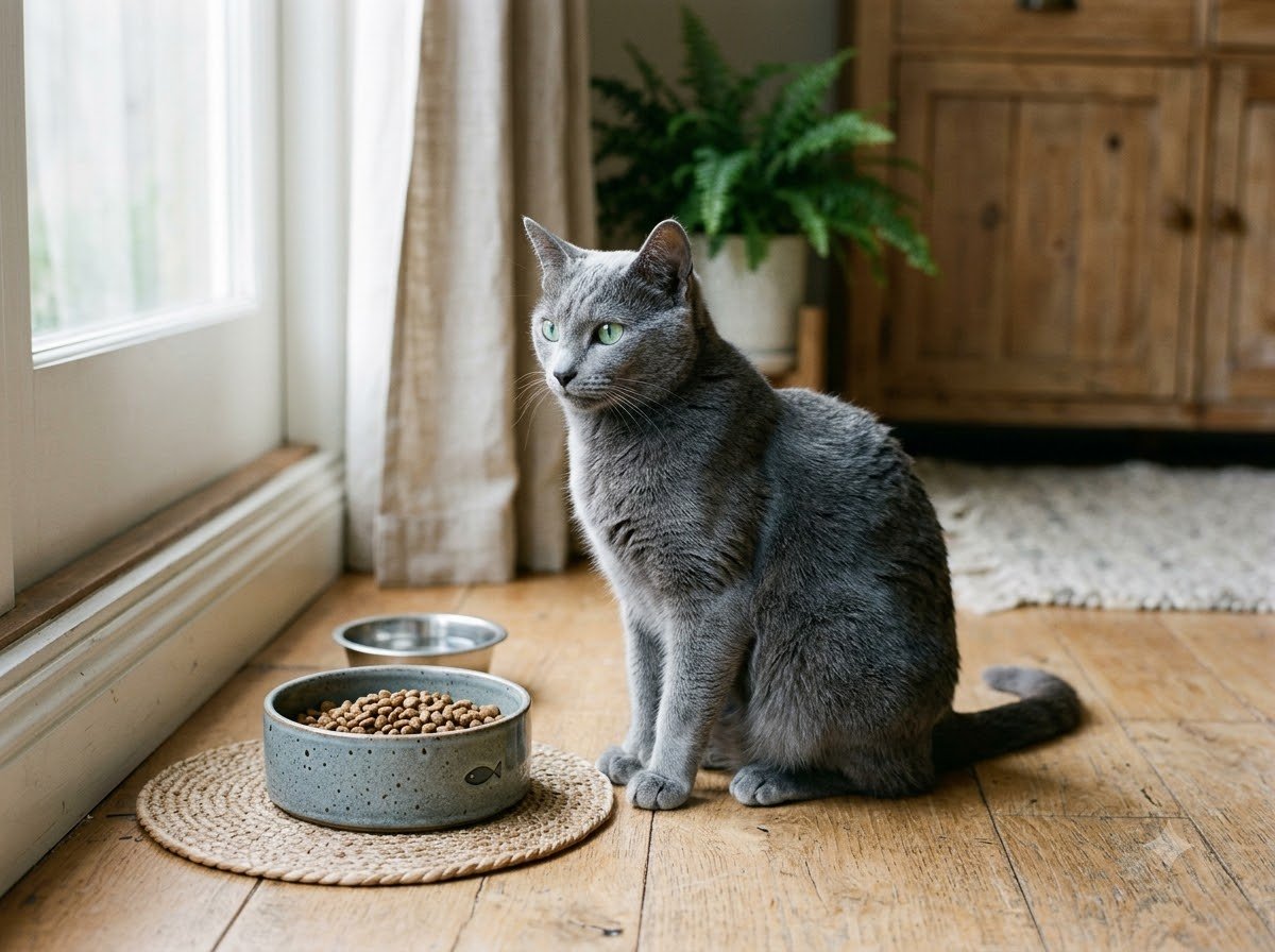 A dog and cat eating from separate bowls side by side on a wooden kitchen floor