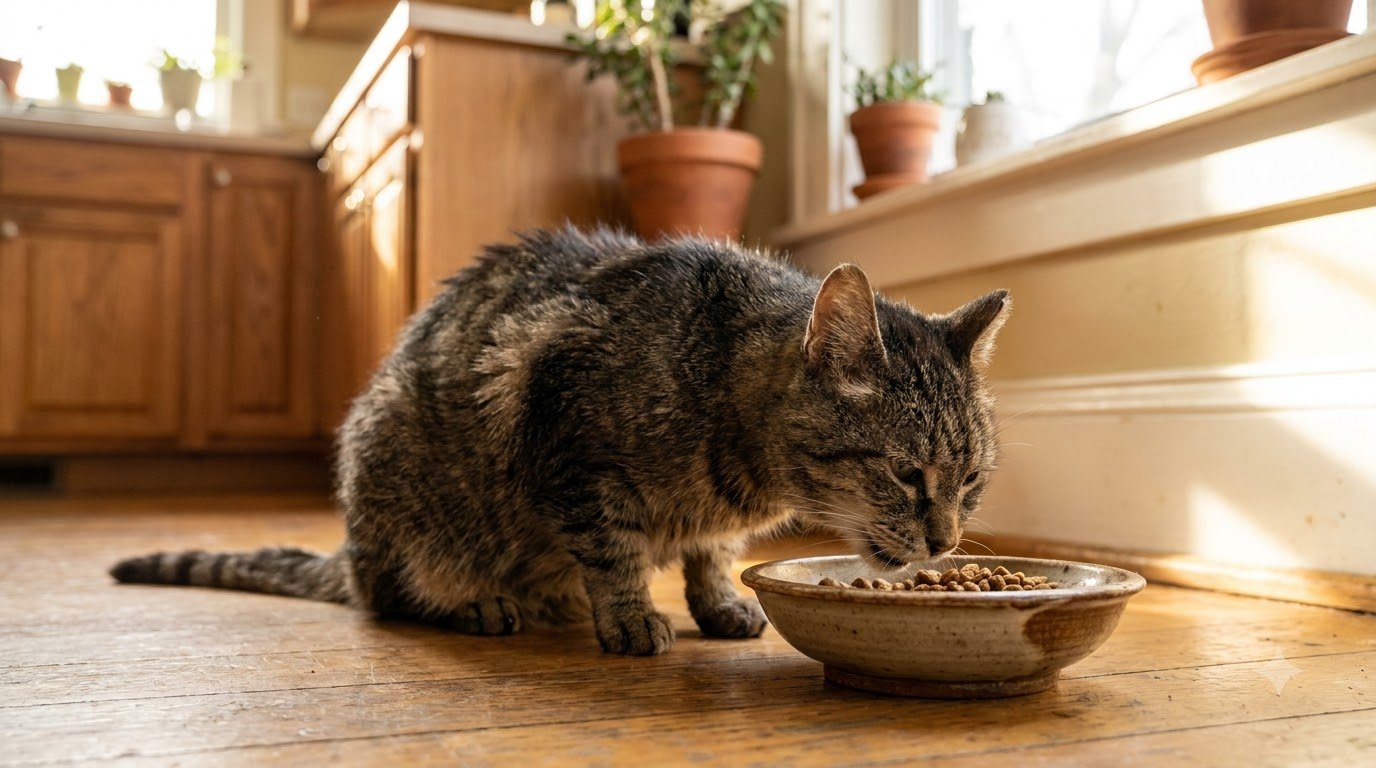 A senior tabby cat eating kibble from a ceramic bowl on a wooden floor
