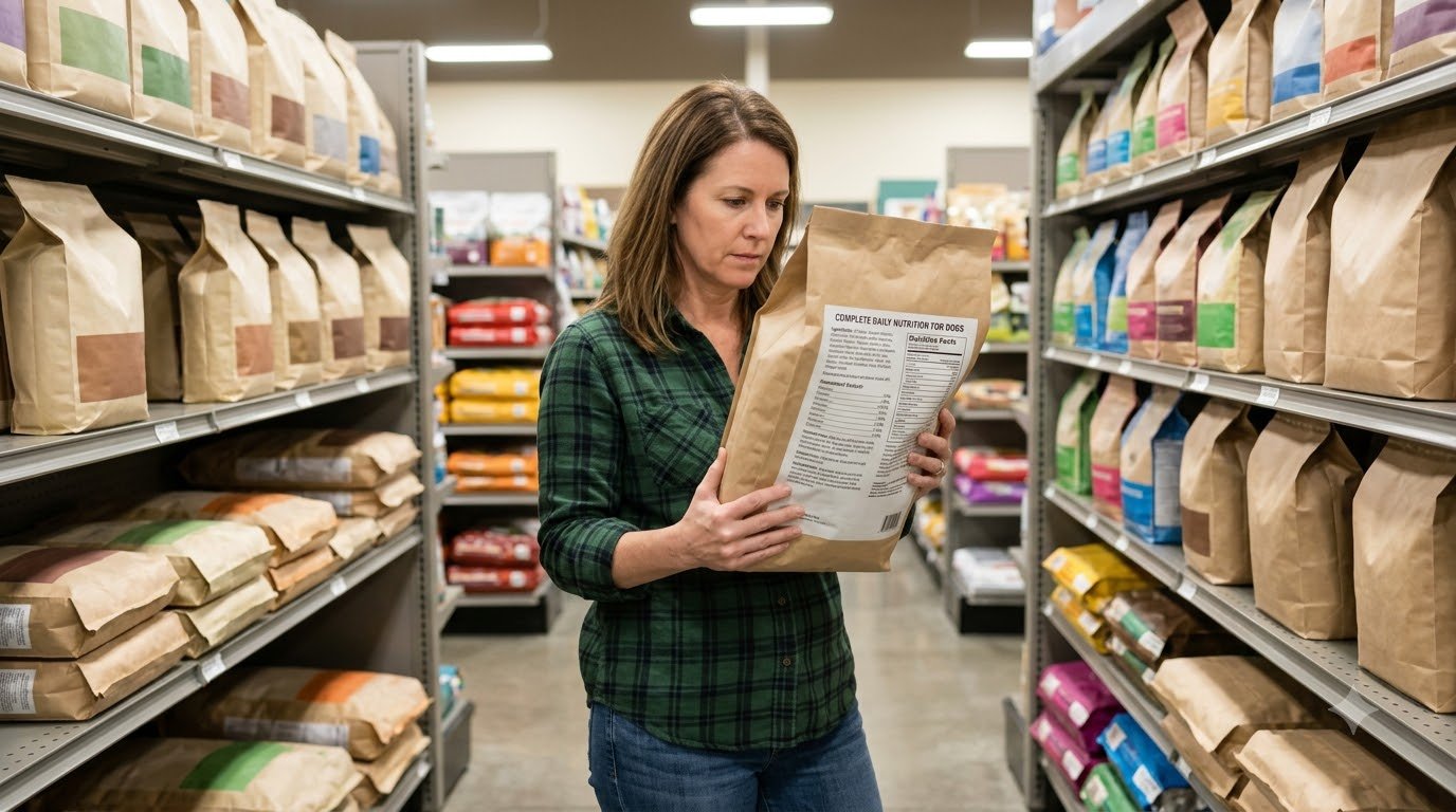 A dog owner reading the ingredient label on a bag of dog food in a pet store aisle