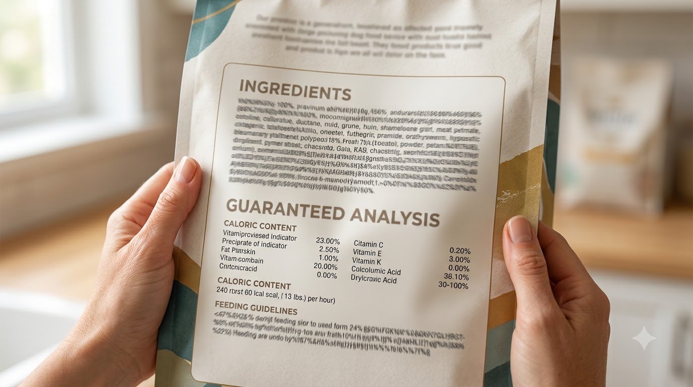 Close-up of a dog food bag's ingredient panel and guaranteed analysis being read closely