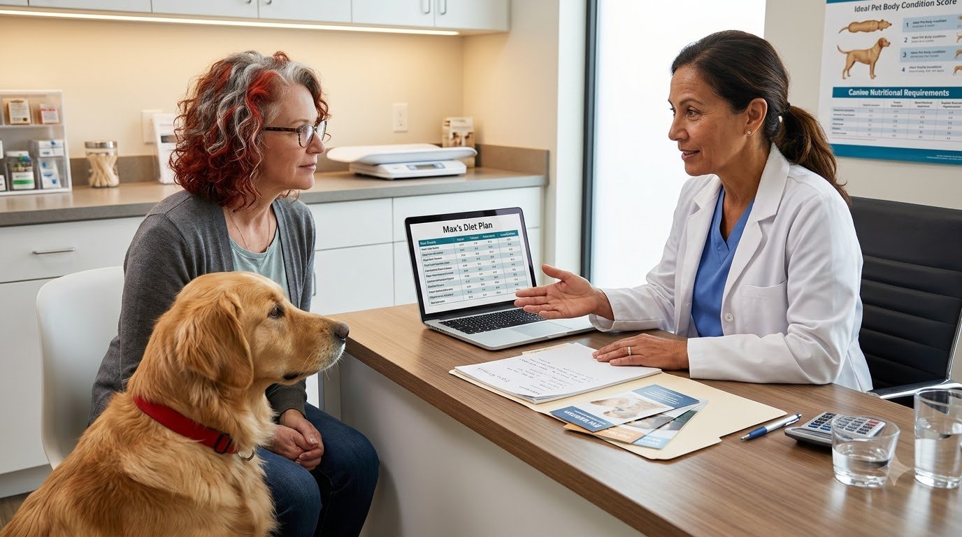 A veterinarian discussing a dog's diet and nutrition plan with the owner at a clinic