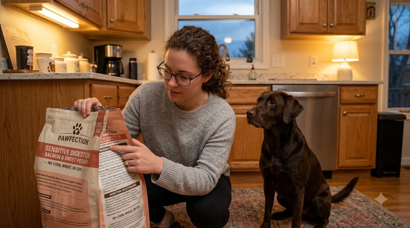 A dog owner checking a dog food ingredient list closely in a kitchen, dog waiting nearby