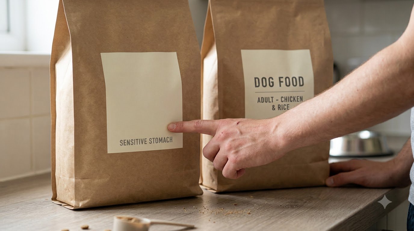 Close-up of a dog food ingredient panel being compared against another bag on a kitchen counter