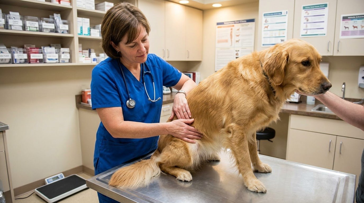 A veterinarian examining a dog's abdomen gently during a checkup