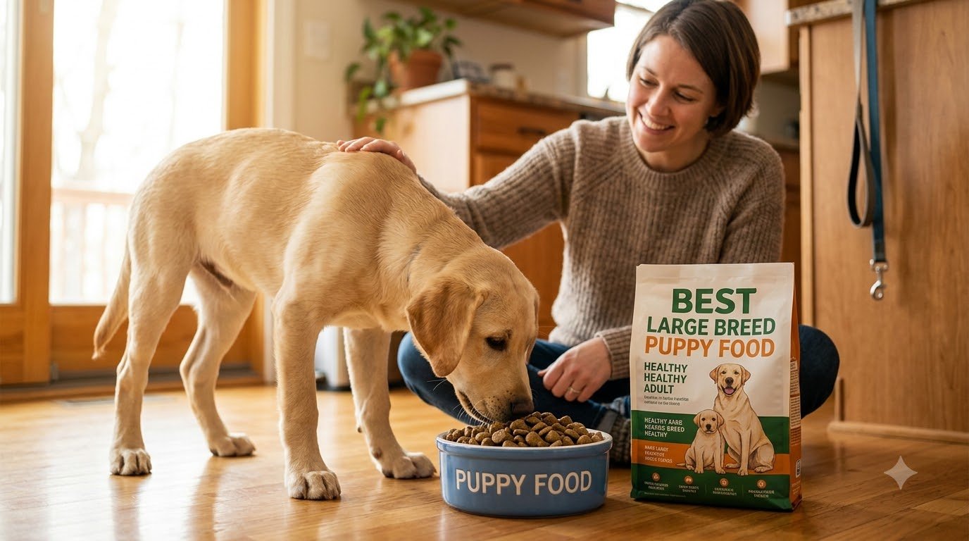 A large-breed puppy eating from a bowl at home, owner nearby