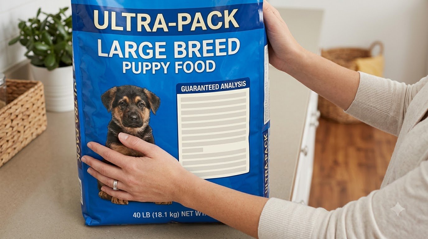 Close-up of a hand reading the guaranteed analysis panel on a bag of large-breed puppy food