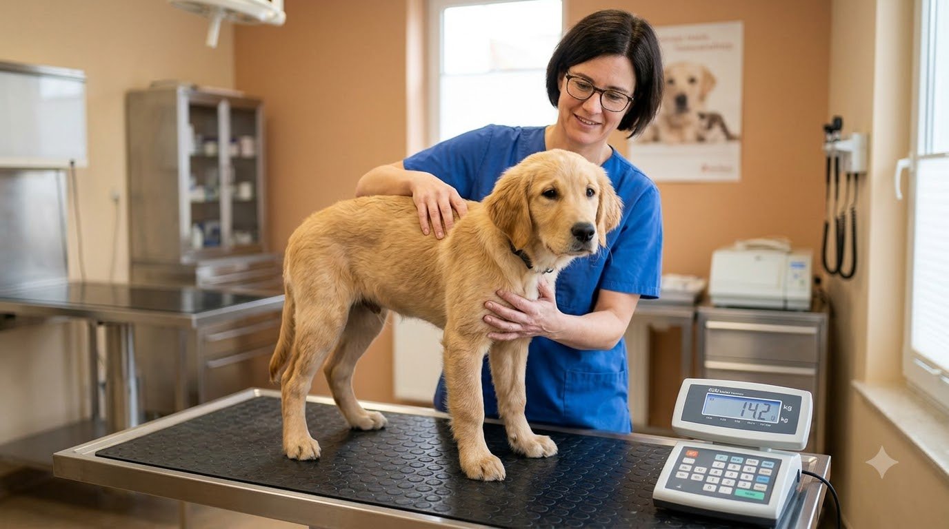 A large-breed puppy being weighed on a scale at a veterinary clinic