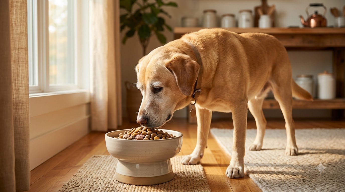 A senior dog eating from a bowl at home, calm and relaxed