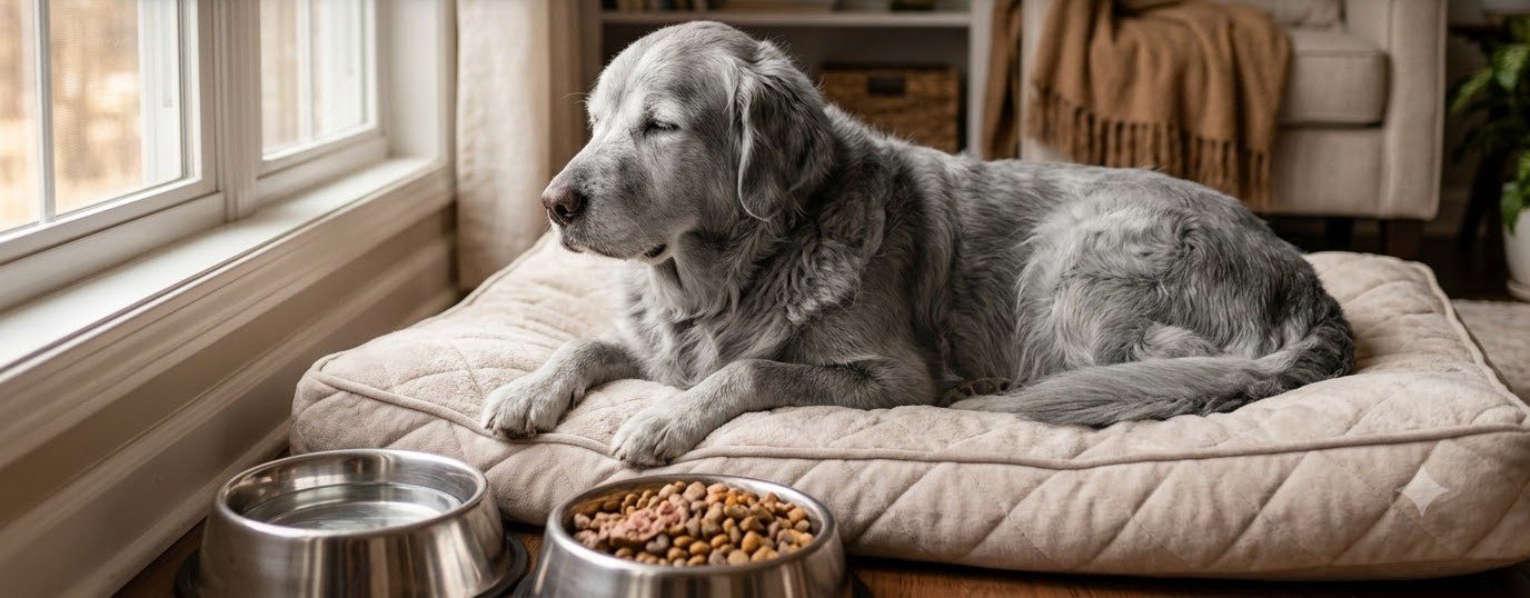 A senior dog resting calmly at home near its food bowl