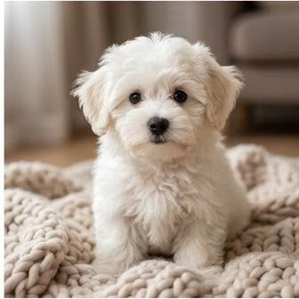 A Bichon Frise puppy with a curious expression