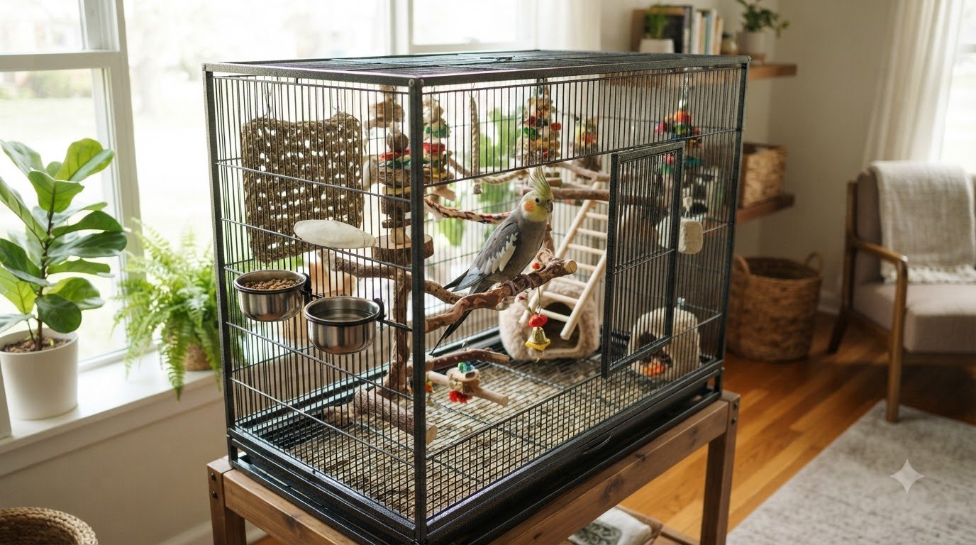 A cockatiel perched inside a well-appointed bird cage