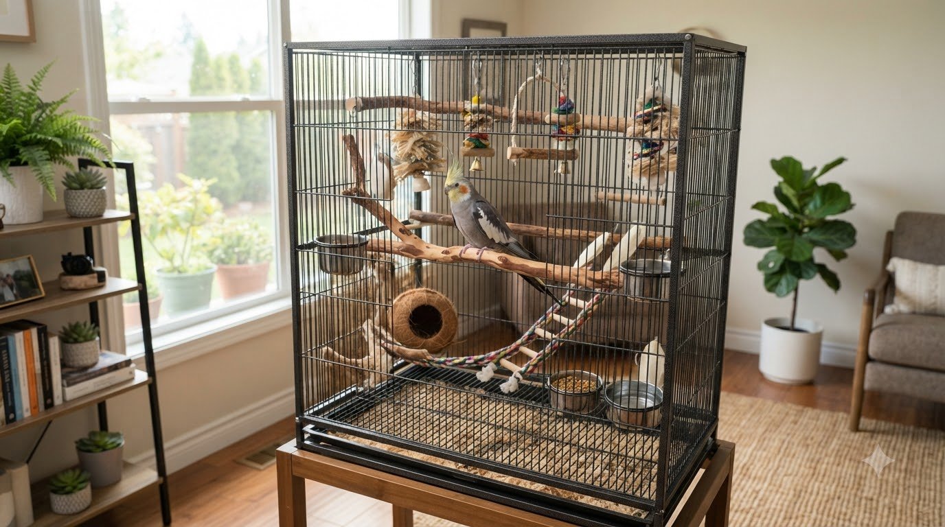A cockatiel inside a spacious, well-equipped bird cage