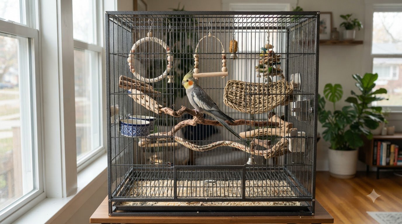 A cockatiel perched on a natural wood perch inside its cage