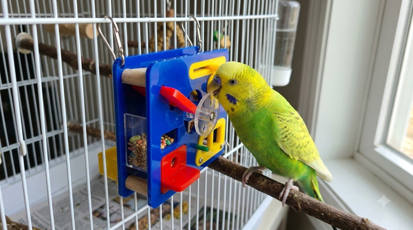 A pet bird engaging with a foraging puzzle toy