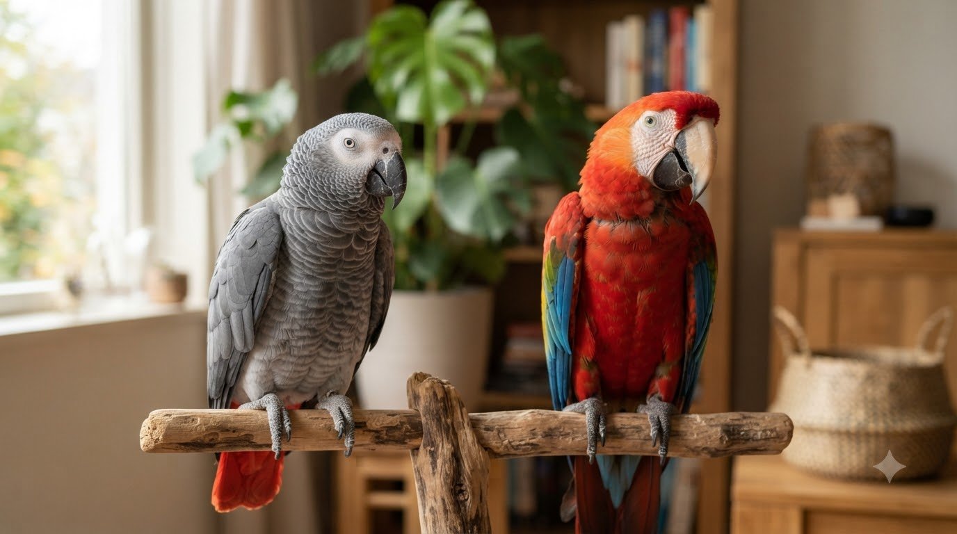 A pet parrot perched indoors