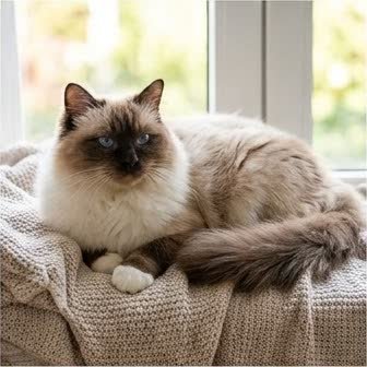A Birman resting in a cozy indoor setting