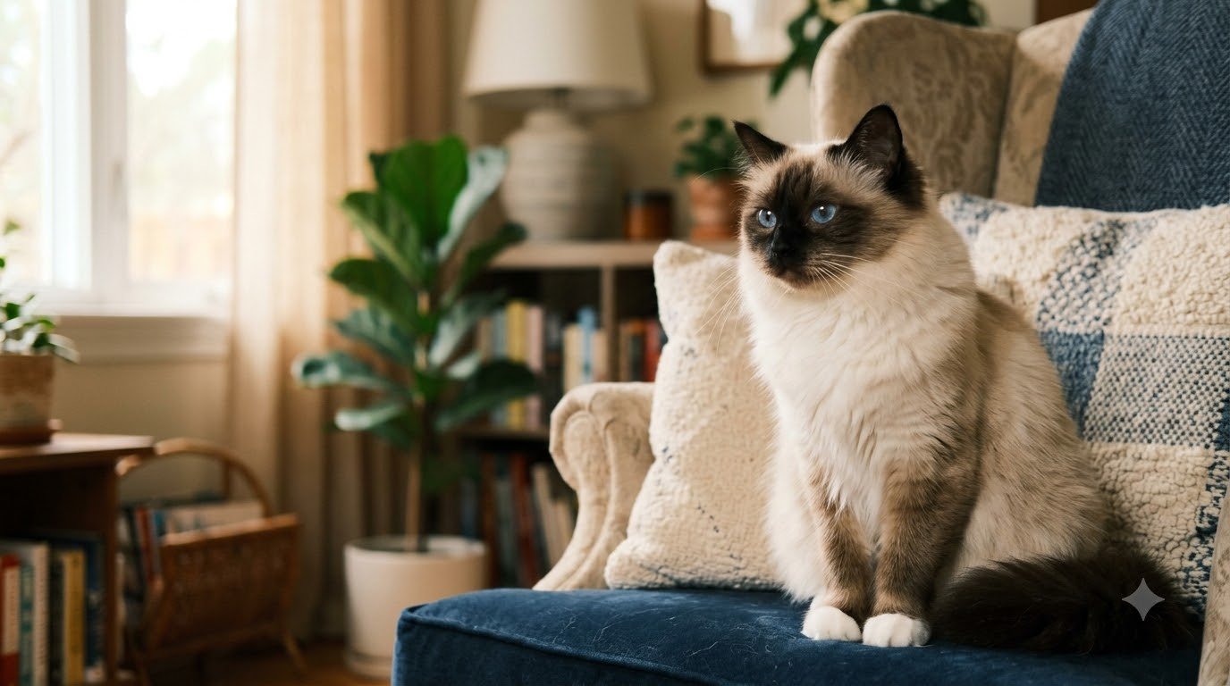 A seal-point Birman cat with white-gloved paws sitting indoors on a cushioned chair