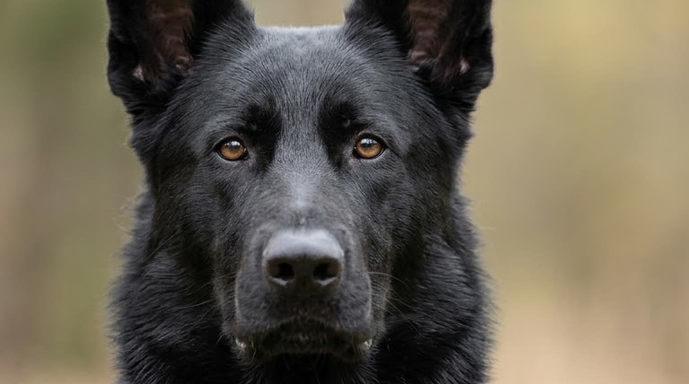 Close-up headshot portrait of a solid black German Shepherd