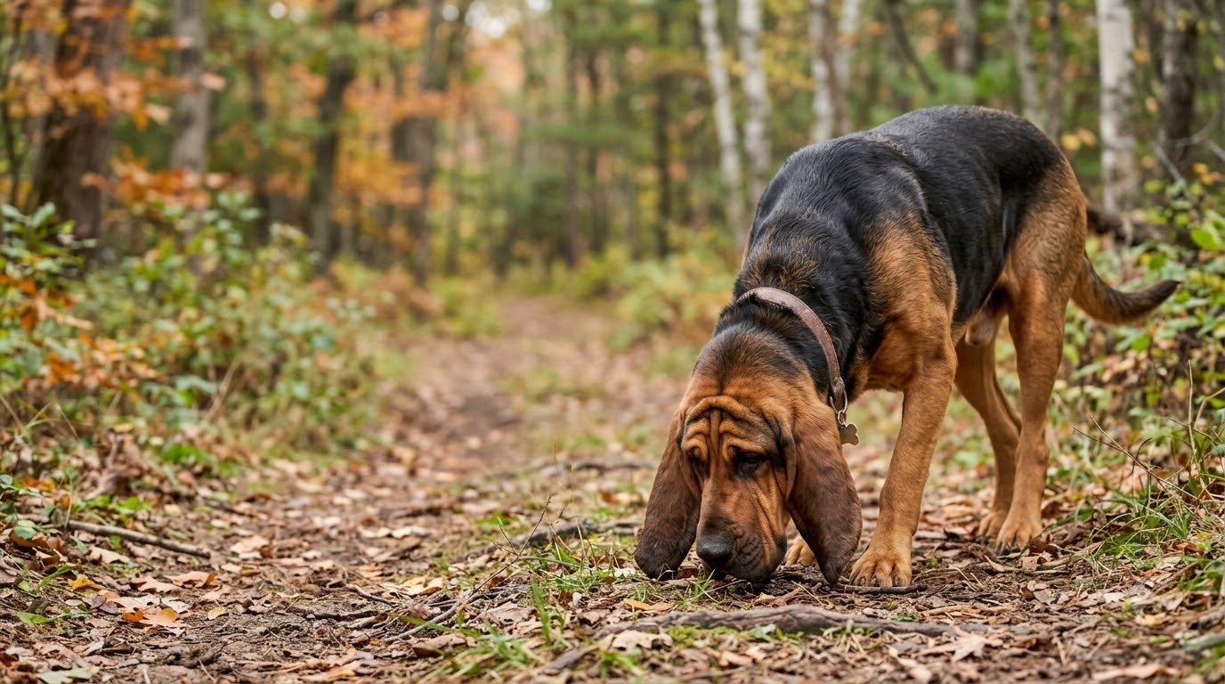 A Bloodhound with loose wrinkled skin and long ears sniffing the ground outdoors