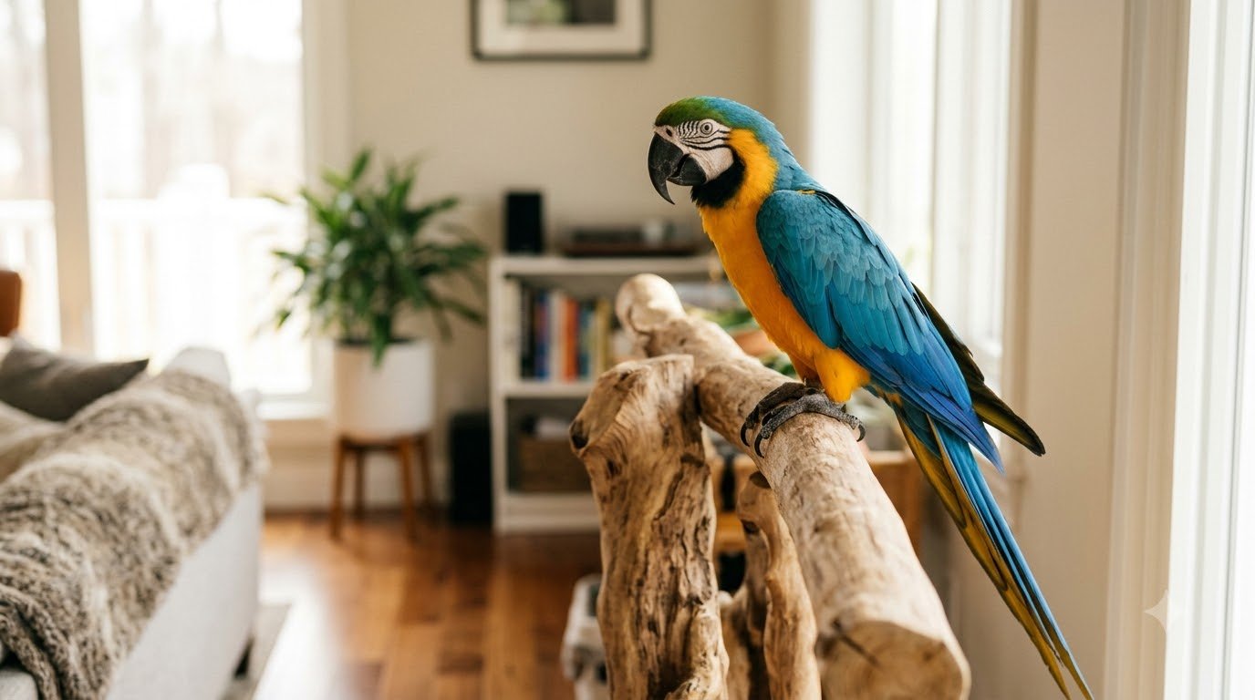 A Blue-and-Gold Macaw perched on a stand indoors