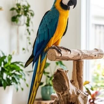 A Blue-and-Gold Macaw perched on a wooden stand indoors