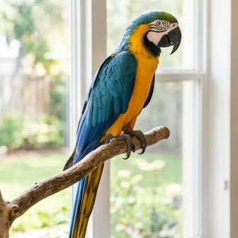 A Blue-and-Gold Macaw perched on a branch near a window