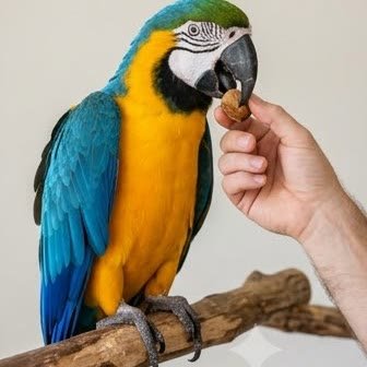 A Blue-and-Gold Macaw being offered a treat by its owner