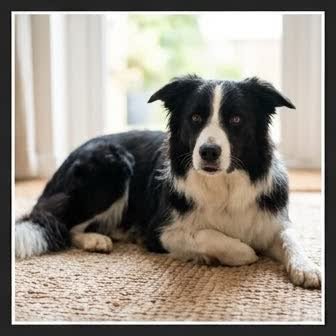 A Border Collie resting in a cozy indoor setting