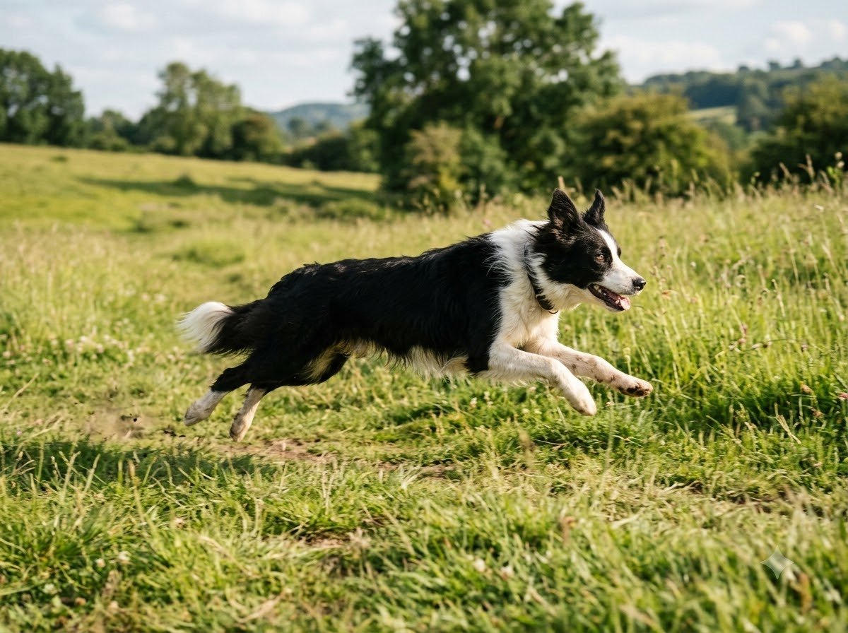 A Border Collie running across a grassy field
