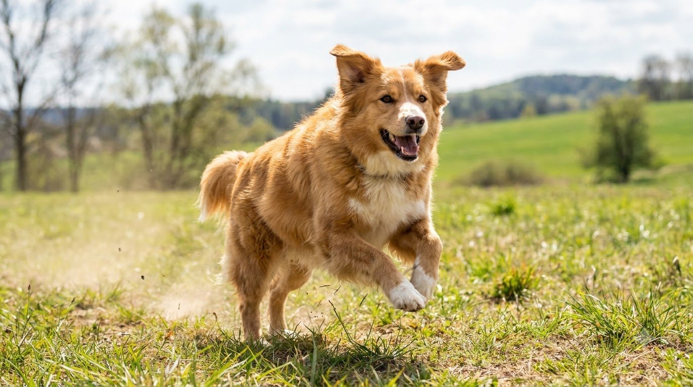 A dog running and playing outdoors