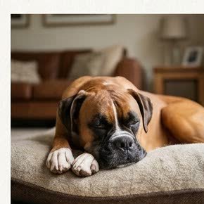 A Boxer resting in a cozy indoor setting
