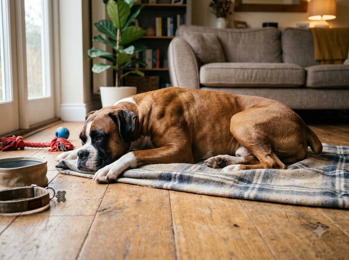 A Boxer resting on the floor at home