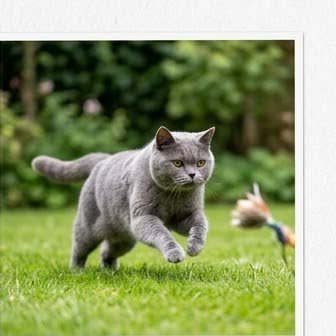 A British Shorthair running or playing outdoors
