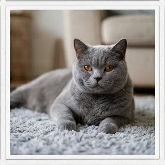 A British Shorthair resting in a cozy indoor setting