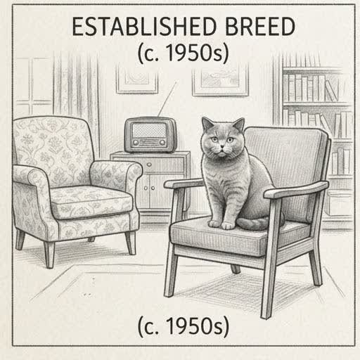 Illustrated sketch of an established British Shorthair around the mid-20th century