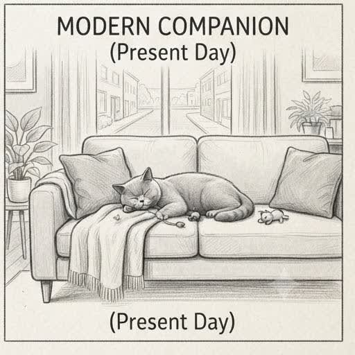 Illustrated sketch of a modern British Shorthair in a present-day home