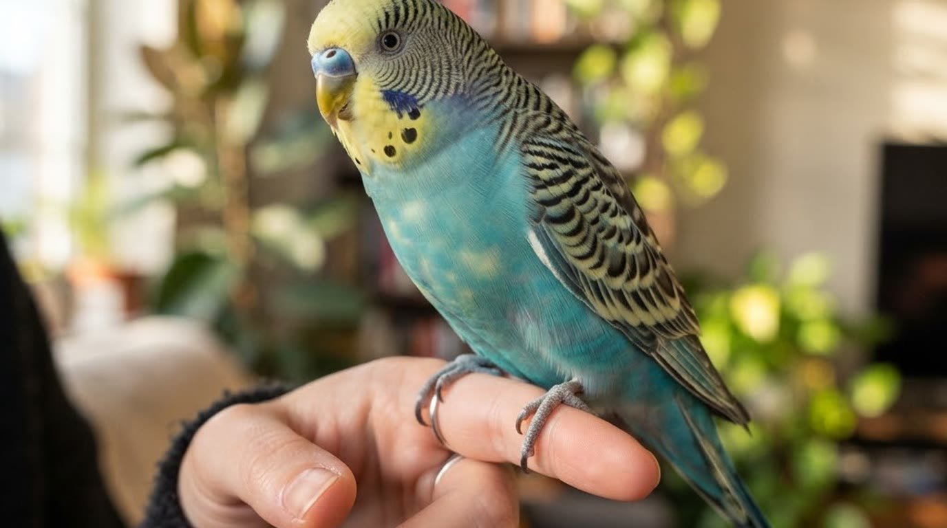 A blue budgerigar perched on its owner's hand indoors